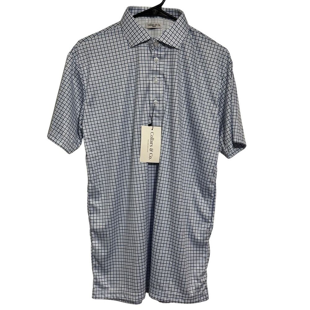 COLLARS & CO Mens Semi Spread Collar Button Polo Blue Tattersall NWT XL Relaxed - Picture 2 of 8
